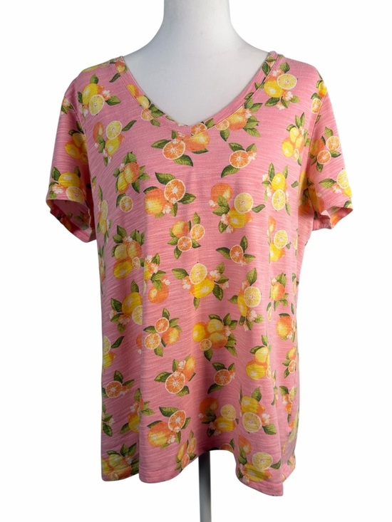 Talbots Tops - Talbots Pink Citrus Fruit Print Cotton V-Neck Tee - Size XL - Lemons & Oranges